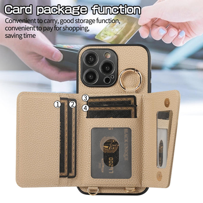 For Iphone 15 Crossbody Ring Wallet Leather Back Cover Phone Case