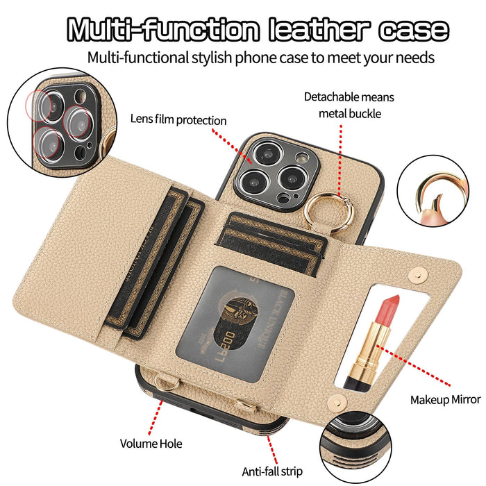 For Iphone 15 Crossbody Ring Wallet Leather Back Cover Phone Case