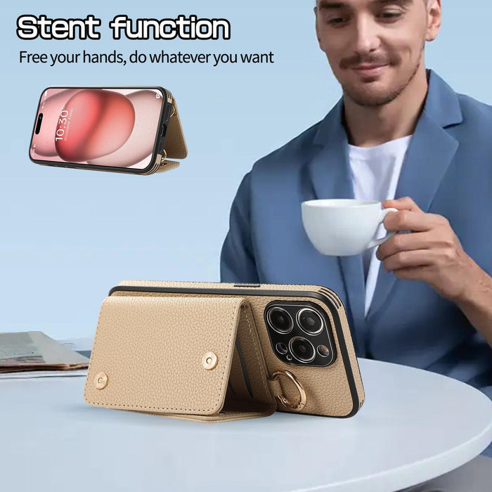 For Iphone 15 Crossbody Ring Wallet Leather Back Cover Phone Case