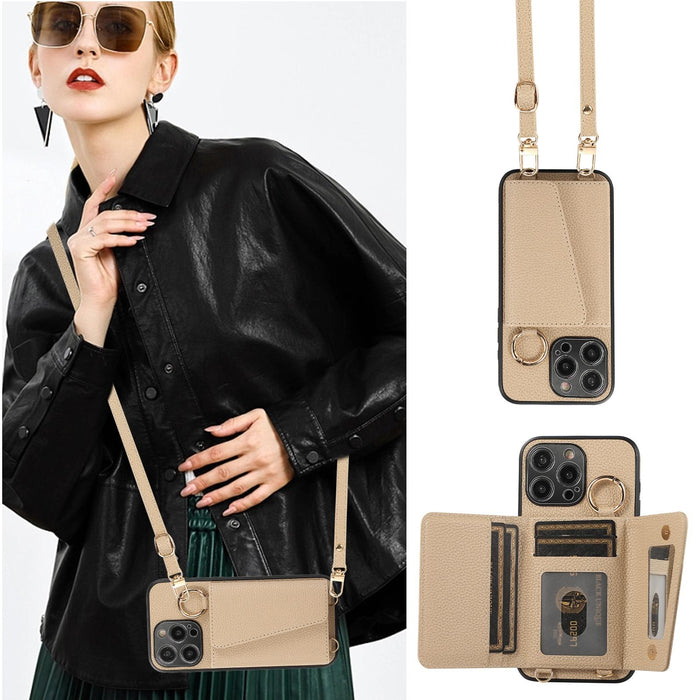 For Iphone 15 Crossbody Ring Wallet Leather Back Cover Phone Case