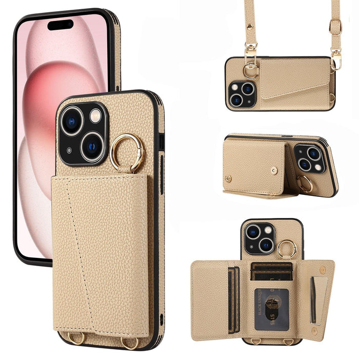 For Iphone 15 Crossbody Ring Wallet Leather Back Cover Phone Case