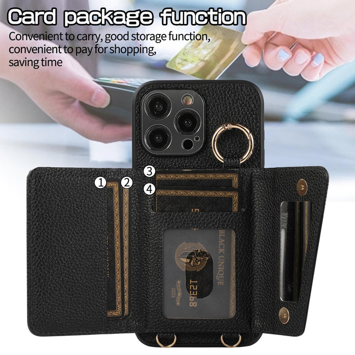 For Iphone 15 Crossbody Ring Wallet Leather Back Cover Phone Case