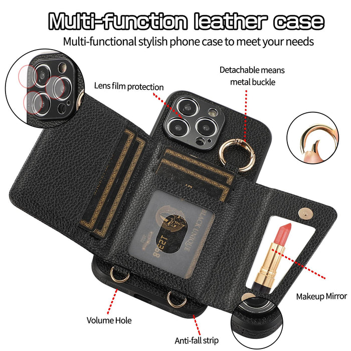 For Iphone 15 Crossbody Ring Wallet Leather Back Cover Phone Case