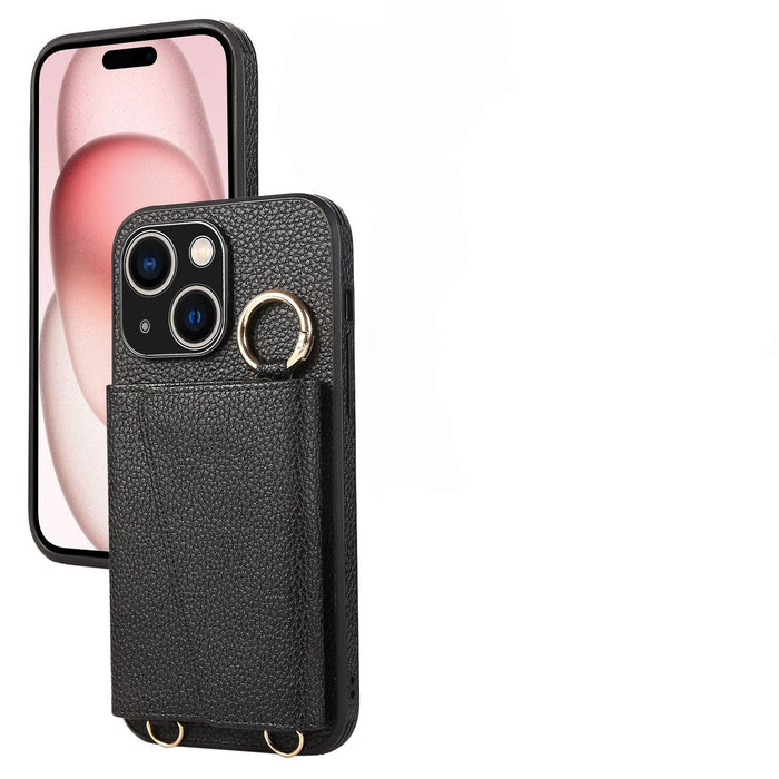 For Iphone 15 Crossbody Ring Wallet Leather Back Cover Phone Case