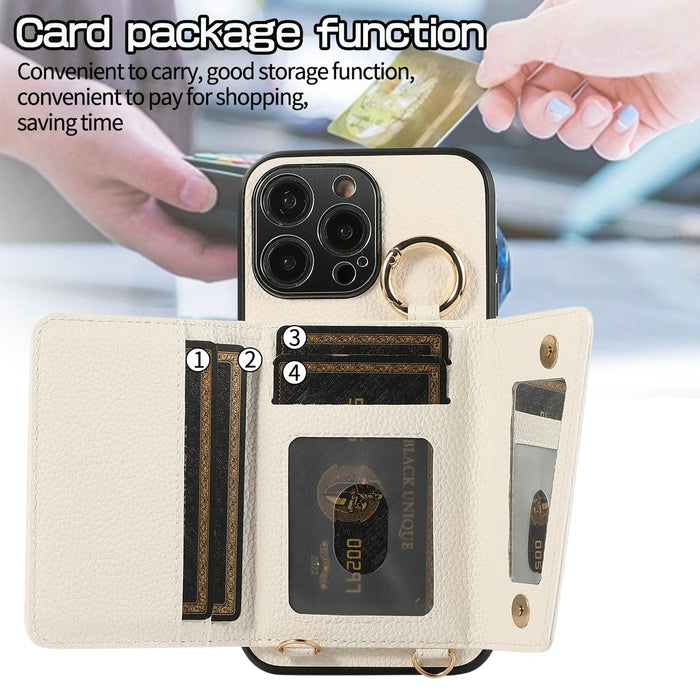 For Iphone 15 Crossbody Ring Wallet Leather Back Cover Phone Case