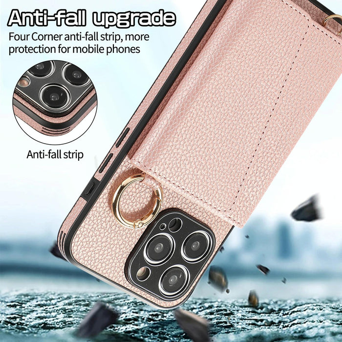 For Iphone 15 Crossbody Ring Wallet Leather Back Cover Phone Case