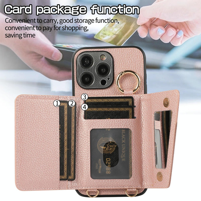 For Iphone 15 Crossbody Ring Wallet Leather Back Cover Phone Case