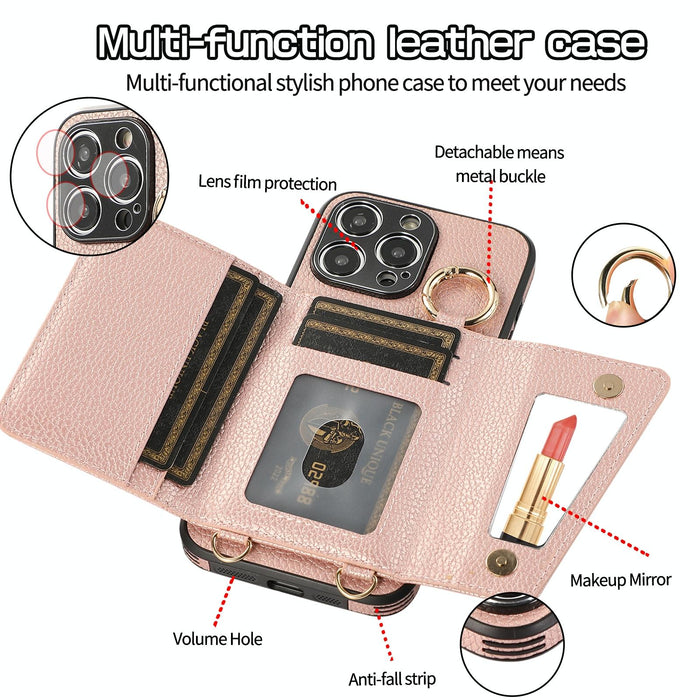 For Iphone 15 Crossbody Ring Wallet Leather Back Cover Phone Case