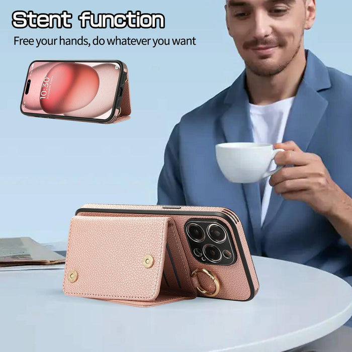 For Iphone 15 Crossbody Ring Wallet Leather Back Cover Phone Case