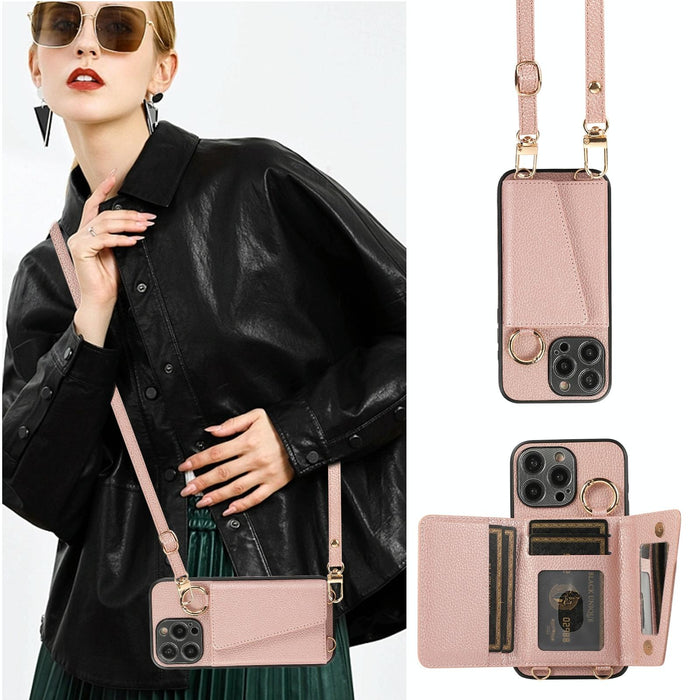 For Iphone 15 Crossbody Ring Wallet Leather Back Cover Phone Case