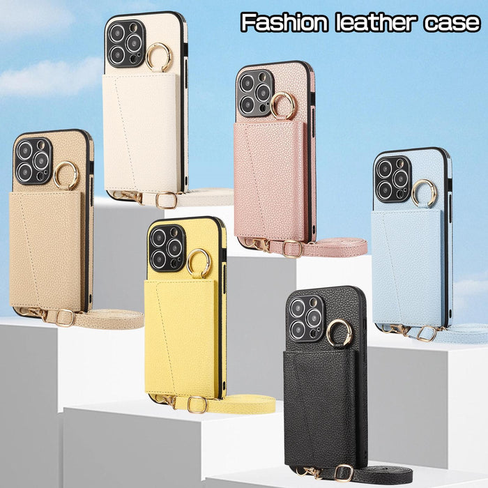 For Iphone 15 Crossbody Ring Wallet Leather Back Cover Phone Case