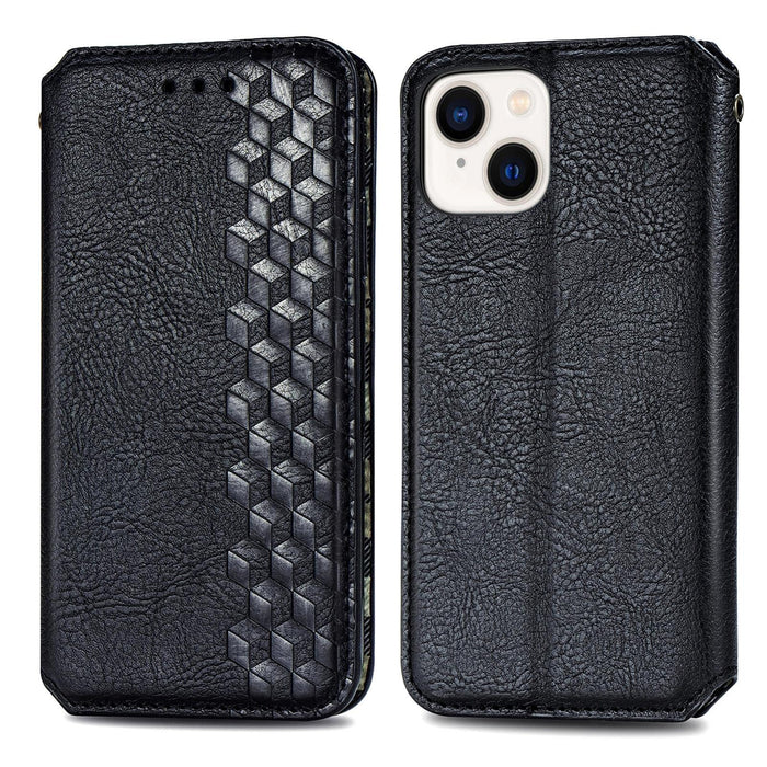 For Iphone 15 Cubic Grid Pressed Magnetic Leather Phone Case