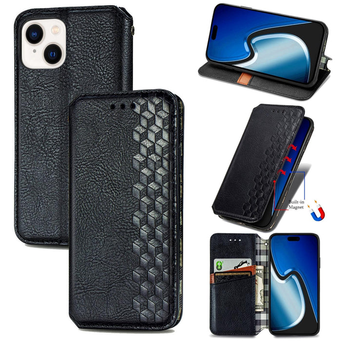 For Iphone 15 Cubic Grid Pressed Magnetic Leather Phone Case