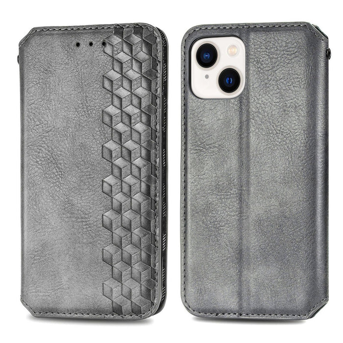 For Iphone 15 Cubic Grid Pressed Magnetic Leather Phone Case