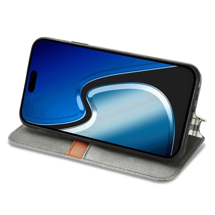 For Iphone 15 Cubic Grid Pressed Magnetic Leather Phone Case