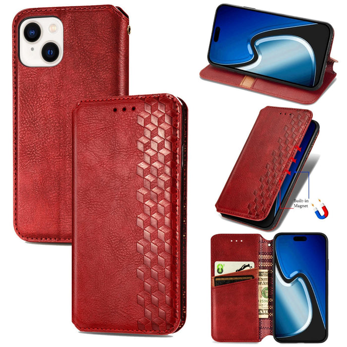 For Iphone 15 Cubic Grid Pressed Magnetic Leather Phone Case