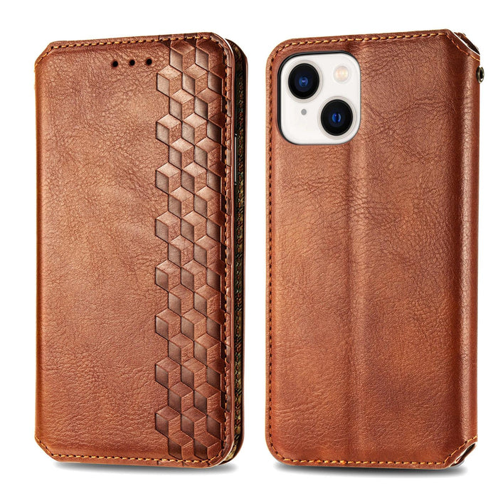 For Iphone 15 Cubic Grid Pressed Magnetic Leather Phone Case
