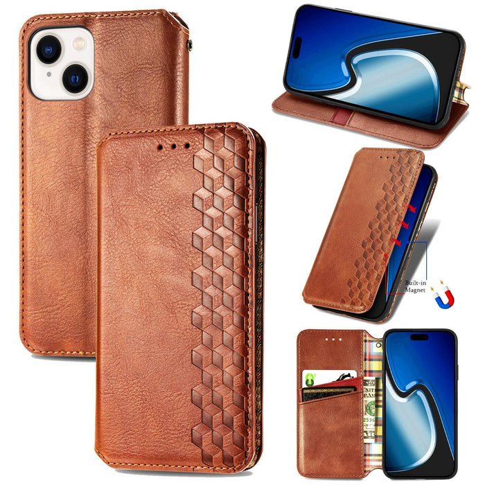 For Iphone 15 Cubic Grid Pressed Magnetic Leather Phone Case