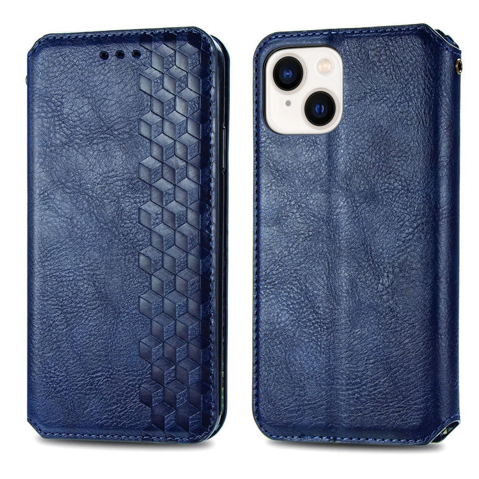 For Iphone 15 Cubic Grid Pressed Magnetic Leather Phone Case