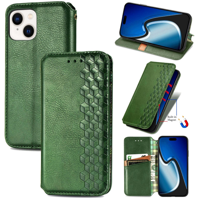 For Iphone 15 Cubic Grid Pressed Magnetic Leather Phone Case