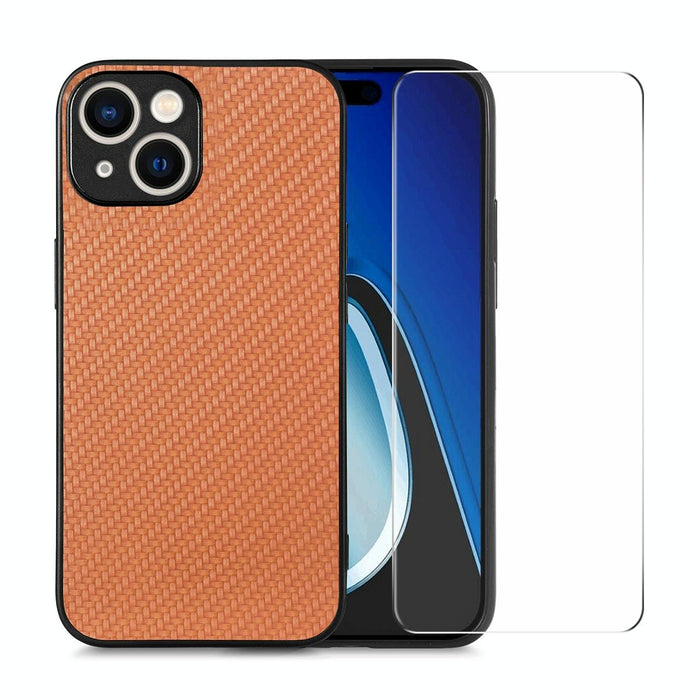 For Iphone 15 Fiber Leather Skin Pc Phone Case With High Aluminum-Silicon Glass Film