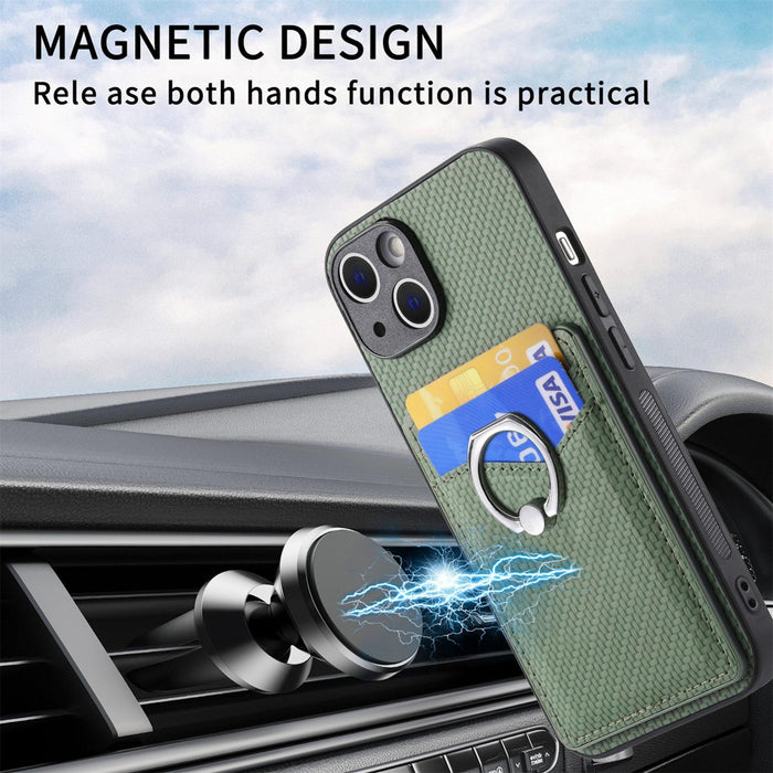 For Iphone 15 Carbon Fiber Card Wallet Ring Holder Phone Case