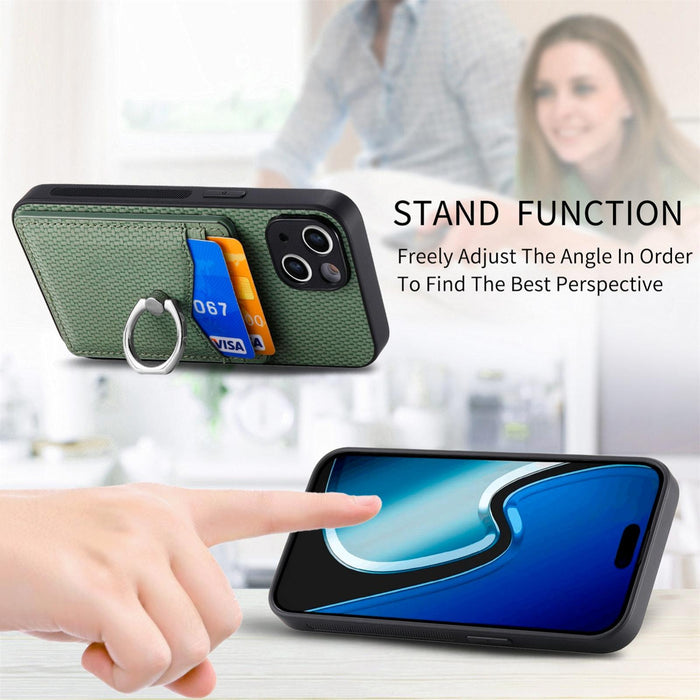 For Iphone 15 Carbon Fiber Card Wallet Ring Holder Phone Case