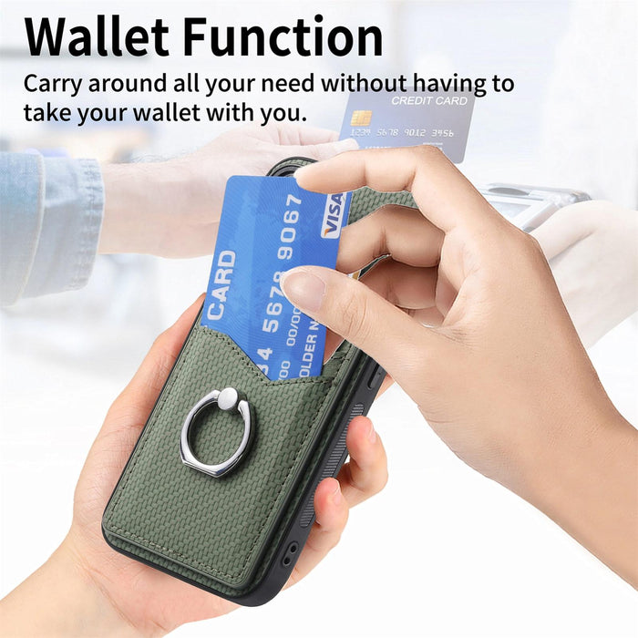 For Iphone 15 Carbon Fiber Card Wallet Ring Holder Phone Case