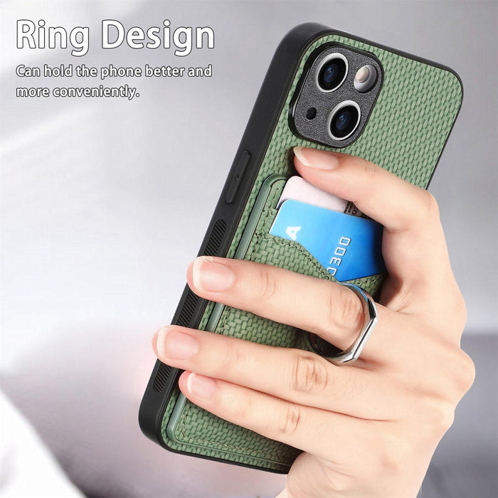 For Iphone 15 Carbon Fiber Card Wallet Ring Holder Phone Case