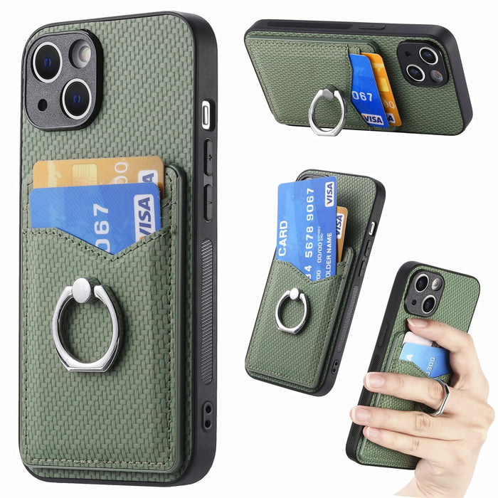 For Iphone 15 Carbon Fiber Card Wallet Ring Holder Phone Case