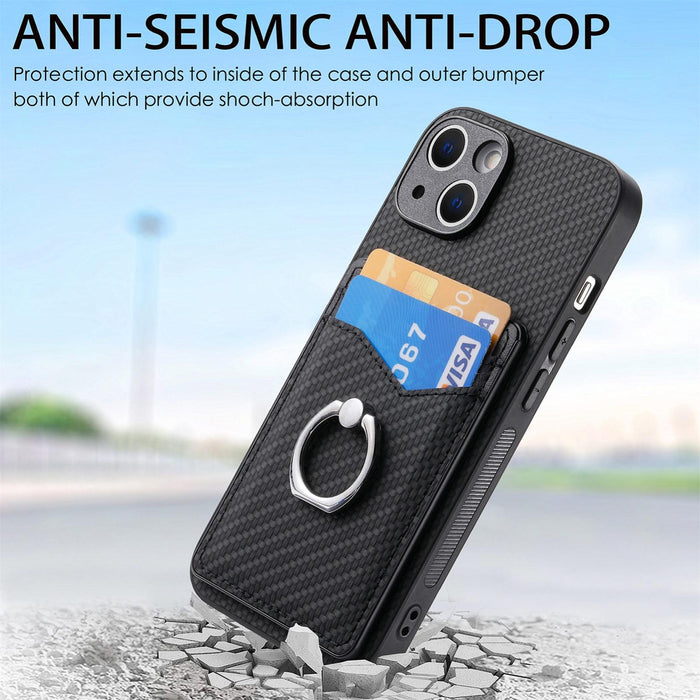 For Iphone 15 Carbon Fiber Card Wallet Ring Holder Phone Case