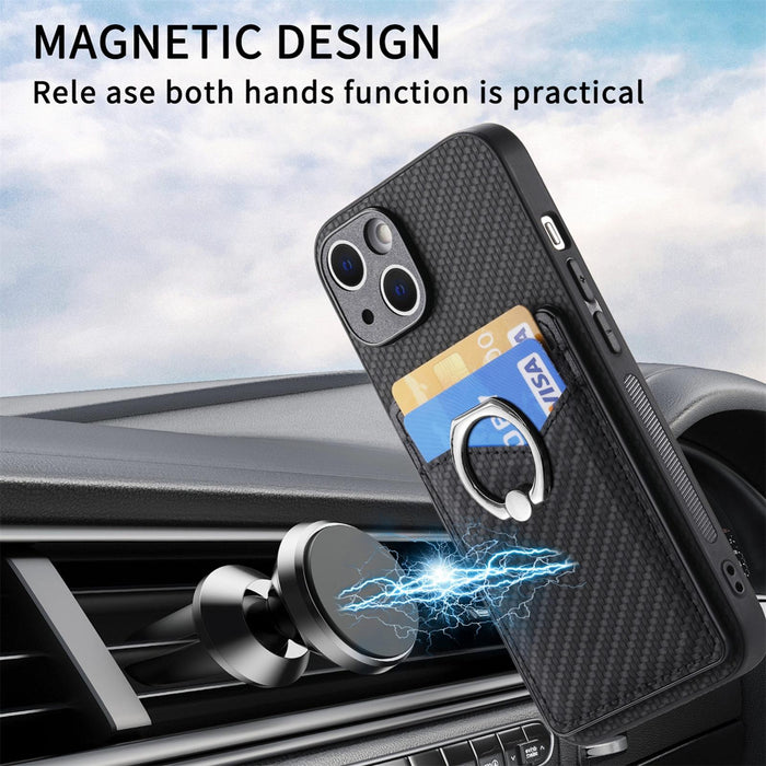 For Iphone 15 Carbon Fiber Card Wallet Ring Holder Phone Case