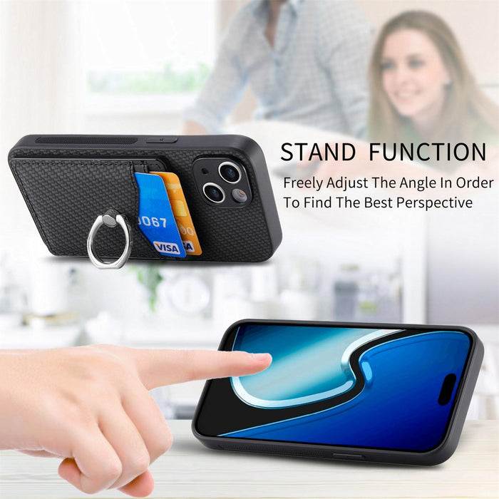 For Iphone 15 Carbon Fiber Card Wallet Ring Holder Phone Case