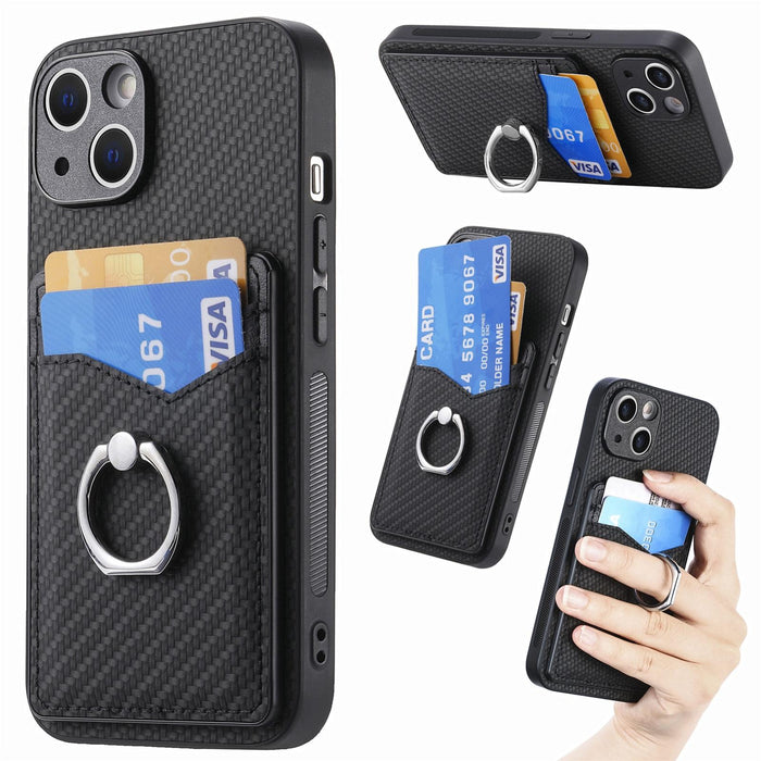 For Iphone 15 Carbon Fiber Card Wallet Ring Holder Phone Case
