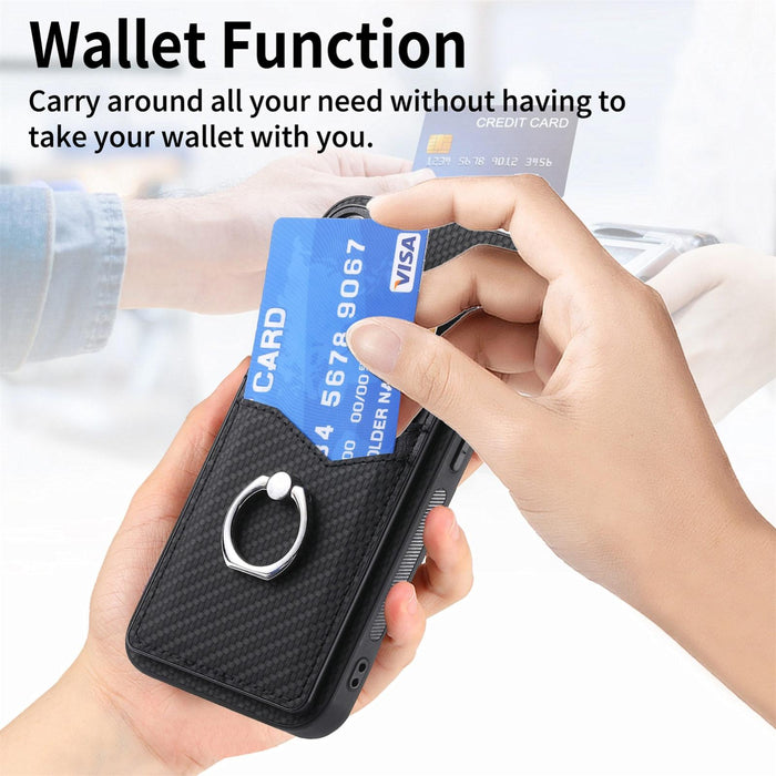 For Iphone 15 Carbon Fiber Card Wallet Ring Holder Phone Case