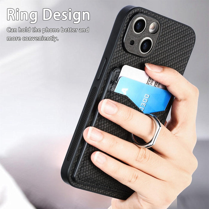 For Iphone 15 Carbon Fiber Card Wallet Ring Holder Phone Case