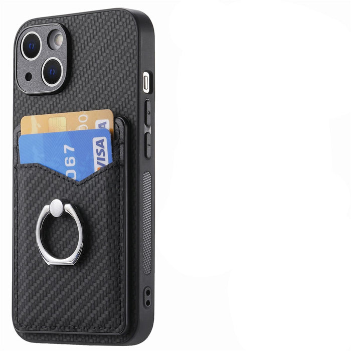 For Iphone 15 Carbon Fiber Card Wallet Ring Holder Phone Case