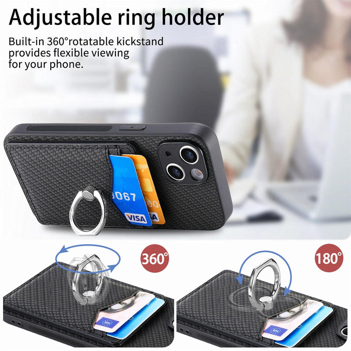 For Iphone 15 Carbon Fiber Card Wallet Ring Holder Phone Case