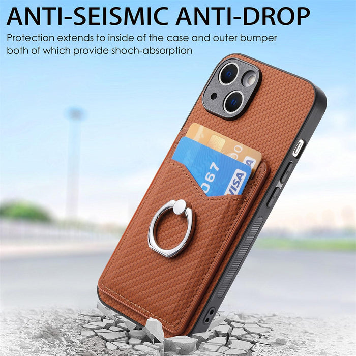 For Iphone 15 Carbon Fiber Card Wallet Ring Holder Phone Case