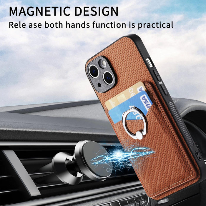For Iphone 15 Carbon Fiber Card Wallet Ring Holder Phone Case
