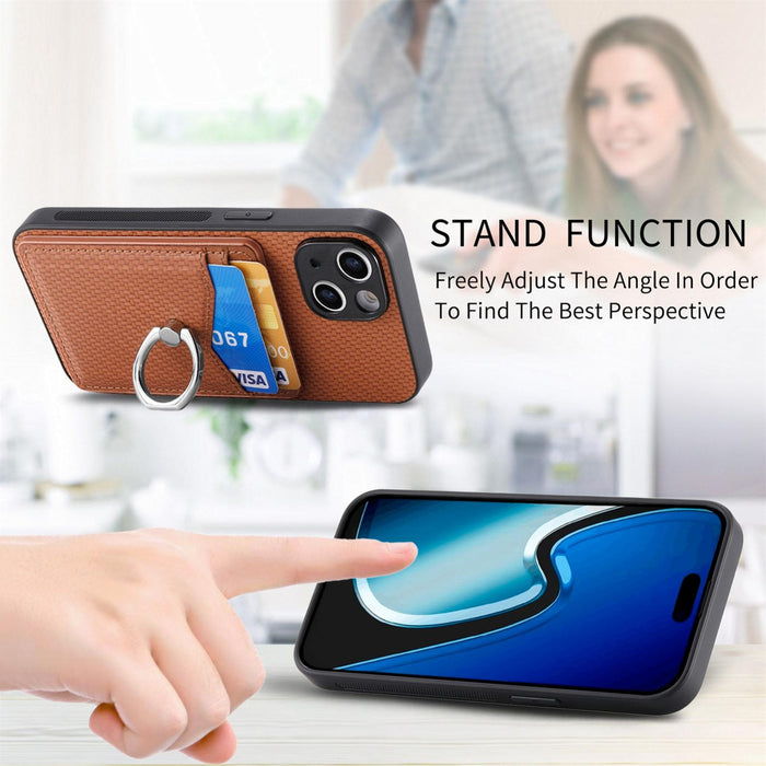 For Iphone 15 Carbon Fiber Card Wallet Ring Holder Phone Case