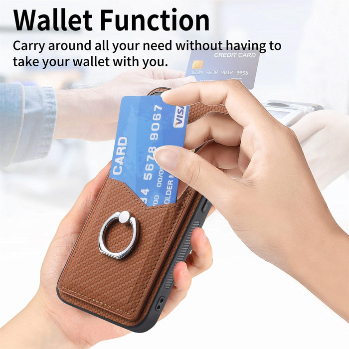 For Iphone 15 Carbon Fiber Card Wallet Ring Holder Phone Case