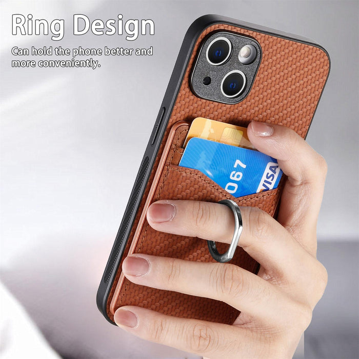 For Iphone 15 Carbon Fiber Card Wallet Ring Holder Phone Case