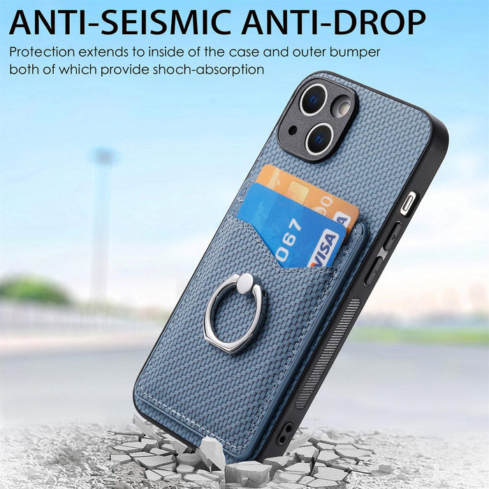 For Iphone 15 Carbon Fiber Card Wallet Ring Holder Phone Case