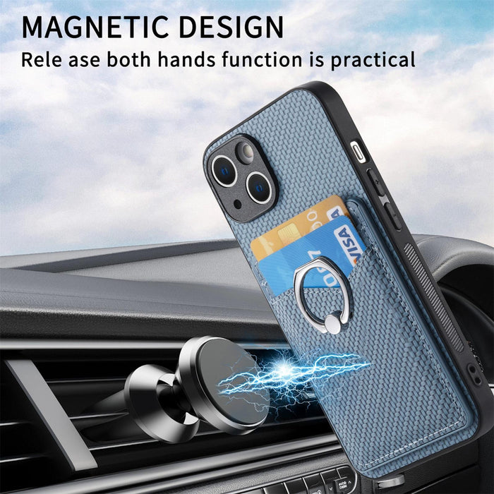 For Iphone 15 Carbon Fiber Card Wallet Ring Holder Phone Case