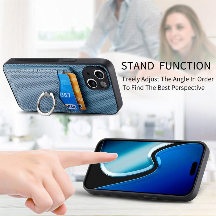For Iphone 15 Carbon Fiber Card Wallet Ring Holder Phone Case