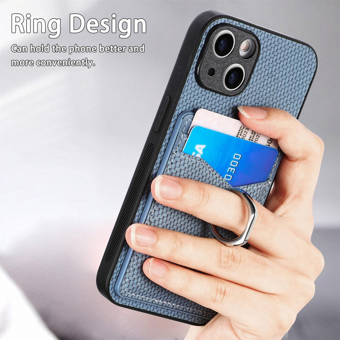 For Iphone 15 Carbon Fiber Card Wallet Ring Holder Phone Case