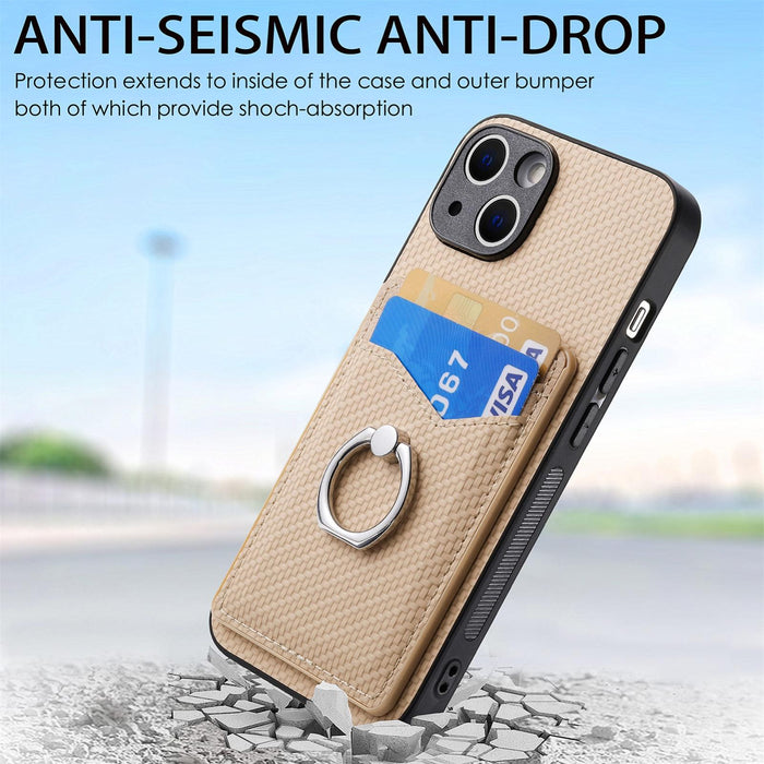 For Iphone 15 Carbon Fiber Card Wallet Ring Holder Phone Case