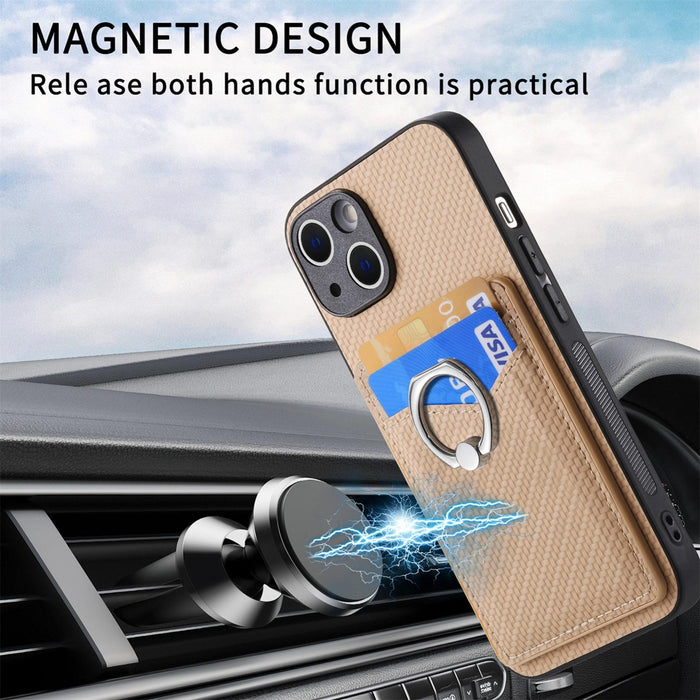 For Iphone 15 Carbon Fiber Card Wallet Ring Holder Phone Case