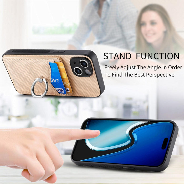 For Iphone 15 Carbon Fiber Card Wallet Ring Holder Phone Case
